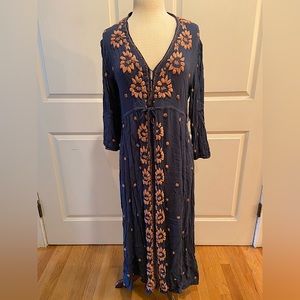 NWT Free People Embroidered Maxi Dress, Blue with peach detail. Size Small.